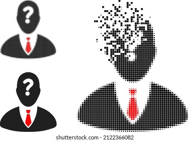 Fractured pixelated unknown boss icon with halftone version. Vector wind effect for unknown boss icon. Pixel degradation effect for unknown boss demonstrates movement of cyberspace concepts.