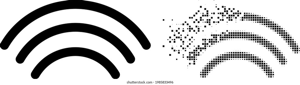 Fractured pixelated wi-fi waves vector icon with destruction effect, and original vector image. Pixel dissolving effect for wi-fi waves shows speed and motion of cyberspace objects.