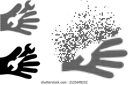 Icono vectorial de la mano del servicio con llave pixelada fracturada con efecto de destrucción e imagen vectorial original. El efecto de niebla de píxeles para la mano del servicio francés demuestra la velocidad y el movimiento de los artículos del ciberespacio.