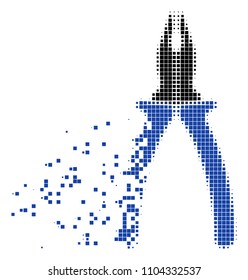 Fractured pliers dot vector icon with disintegration effect. Square elements are combined into dissipated pliers shape. Pixel explosion effect shows speed and movement of cyberspace objects.
