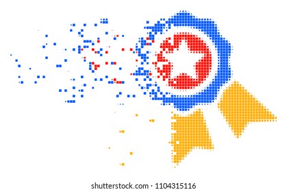 Fractured quality dot vector icon with disintegration effect. Rectangular pixels are grouped into damaging quality shape. Pixel disintegration effect shows speed and movement of cyberspace things.