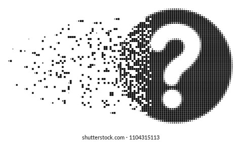 Fractured query dotted vector icon with disintegration effect. Rectangular cells are combined into damaging query form. Pixel dust effect demonstrates speed and motion of cyberspace things.