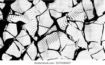 Fractured Reality, A Bold Contrast of Halftone Patterns and Sharp Abstract Shapes