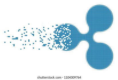 Fractured Ripple currency dot vector icon with disintegration effect. Square dots are combined into dissolving Ripple currency figure.