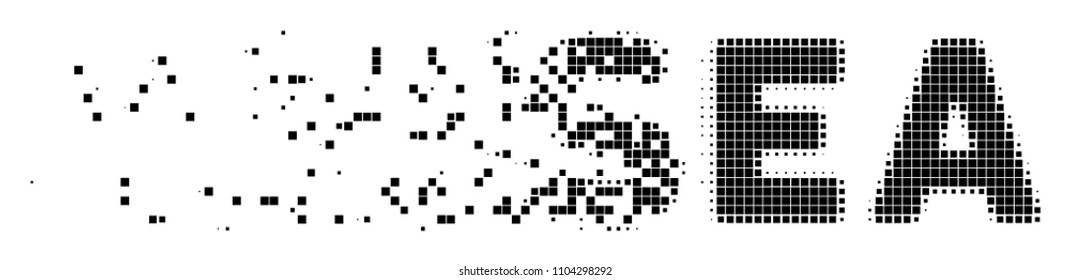 Fractured sea text dotted vector icon with disintegration effect. Rectangular items are combined into dissolving sea text figure.