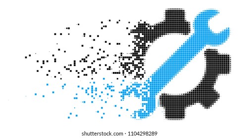 Fractured service tools dot vector icon with disintegration effect. Rectangle fragments are composed into dispersed service tools form.