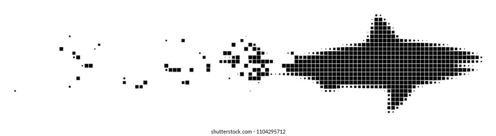 Fractured shark dot vector icon with disintegration effect. Rectangular pixels are composed into dispersed shark form. Pixel dispersing effect demonstrates speed and movement of cyberspace matter.
