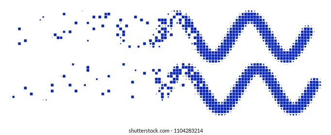 Fractured sinusoid waves dotted vector icon with disintegration effect. Rectangular pieces are composed into disappearing sinusoid waves shape.