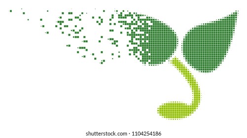 Fractured sprout dot vector icon with disintegration effect. Square dots are grouped into damaging sprout form. Pixel explosion effect shows speed and movement of cyberspace matter.