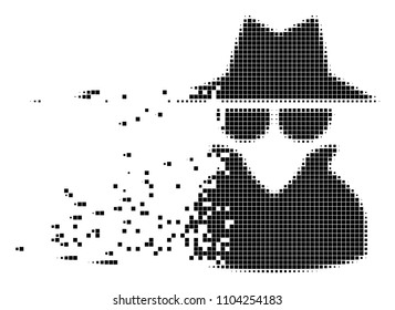 Fractured spy dot vector icon with disintegration effect. Rectangular elements are organized into dissolving spy form. Pixel dissipating effect demonstrates speed and motion of cyberspace matter.