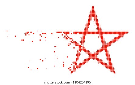 Fractured star pentagram dotted vector icon with disintegration effect. Square items are organized into damaging star pentagram shape. Pixel dust effect shows speed and movement of cyberspace matter.