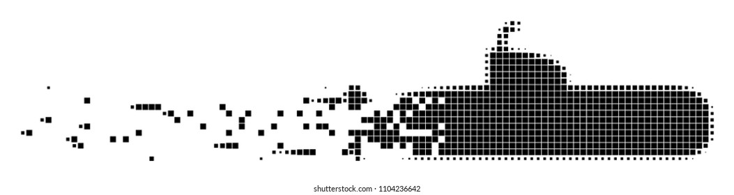 Fractured submarine dot vector icon with disintegration effect. Square particles are composed into damaging submarine shape. Pixel transformation effect shows speed and motion of cyberspace things.