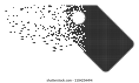 Fractured tag dotted vector icon with disintegration effect. Rectangle elements are combined into dissolving tag figure. Pixel disappearing effect demonstrates speed and movement of cyberspace things.