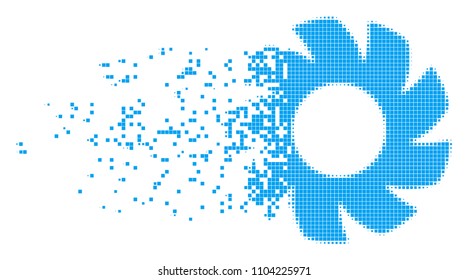 Fractured turbine dotted vector icon with disintegration effect. Rectangular fragments are composed into damaging turbine figure. Pixel explosion effect shows speed and motion of cyberspace matter.