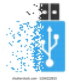 Fractured USB flash drive dotted vector icon with disintegration effect. Rectangular particles are organized into dispersed USB flash drive shape.
