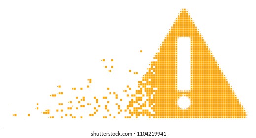 Fractured warning dotted vector icon with disintegration effect. Rectangular items are grouped into dissolving warning figure. Pixel dissipation effect shows speed and movement of cyberspace things.