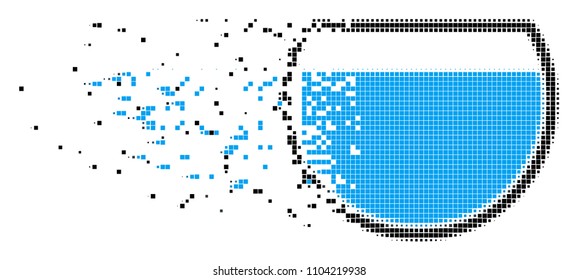 Fractured water bowl dot vector icon with disintegration effect. Square fragments are grouped into disappearing water bowl shape.