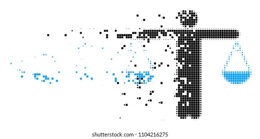 Fractured weight comparing person dotted vector icon with disintegration effect. Square pixels are combined into damaging weight comparing person shape.