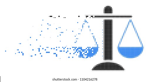 Fractured weight scales dotted vector icon with disintegration effect. Square particles are grouped into dissolving weight scales shape.