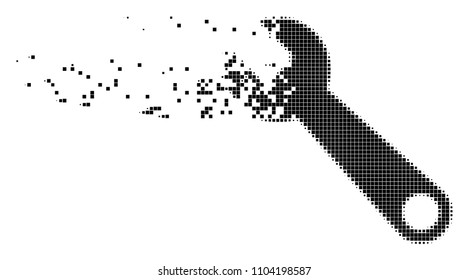 Fractured wrench dotted vector icon with disintegration effect. Square fragments are arranged into dissolving wrench shape. Pixel burst effect demonstrates speed and motion of cyberspace matter.