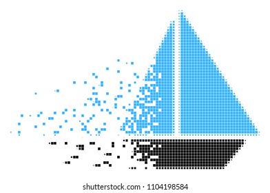 Fractured yacht dot vector icon with disintegration effect. Square elements are combined into dissolving yacht form. Pixel defragmentation effect shows speed and movement of cyberspace matter.