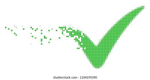 Fractured yes dotted vector icon with disintegration effect. Square pieces are organized into dispersed yes shape. Pixel dissolving effect demonstrates speed and movement of cyberspace items.