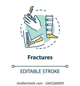 Fractures, bone and cartilage injuries concept icon. Orthopedics, traumatism, injured arm and leg, body traumas idea thin line illustration. Vector isolated outline RGB color drawing. Editable stroke