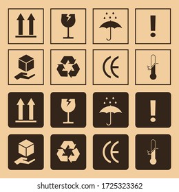 Fragile Box, Cargo Warning Vector Signs. Set Of Fragile Package Icons, Handle With Care Logistics And Delivery Labels. Vector Illustration