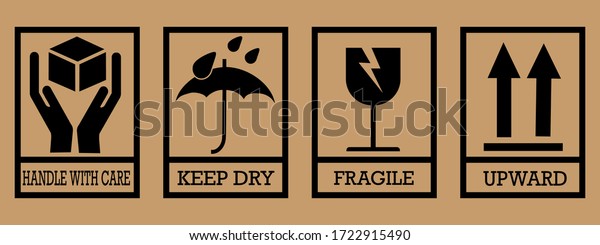 Fragile box, cargo warning vector signs. Set\
of fragile package icons, handle with care logistics and delivery\
labels. Vector\
illustration