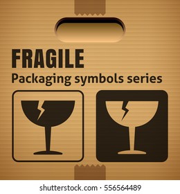 FRAGILE or Breakable Material packaging symbol on a corrugated cardboard box. For use on cardboard boxes, packages and parcels. Vector illustration