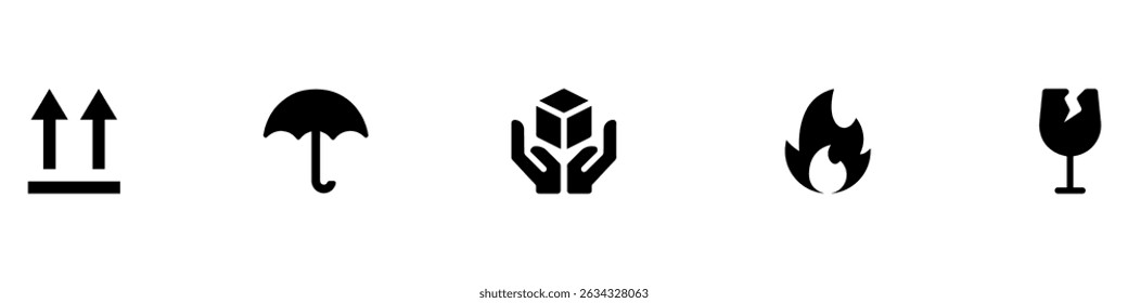 Fragile cargo set icons, fragile package warning signs umbrella, box in hands, glass, side up box, logistics delivery shipping special labels. Vector Illustration.