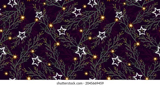 Fragile Christmas print with branches, stars and shining lights. Vector seamless pattern