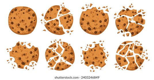 Fragile cookies crumbs and pieces. broken american crunchy biscuits with chocolate drops, sugar crumbling cakes, sweet crackers, vector set.eps
