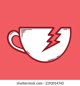 Fragile cup breaking frail vector illustration on red background