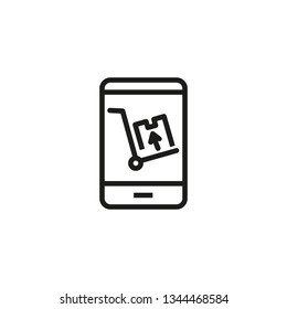 Fragile delivery line icon. Handcart with box on smartphone screen. Shopping concept. Vector illustration can be used for topics like shipment, warning, logistics