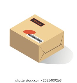 Entrega frágil pós-caixa isométrica pacote de papel de encomendas on-line vetor ilustração. Cardbox transporte contêiner ordem loja embalagem entrega armazenamento fechado correio marrom