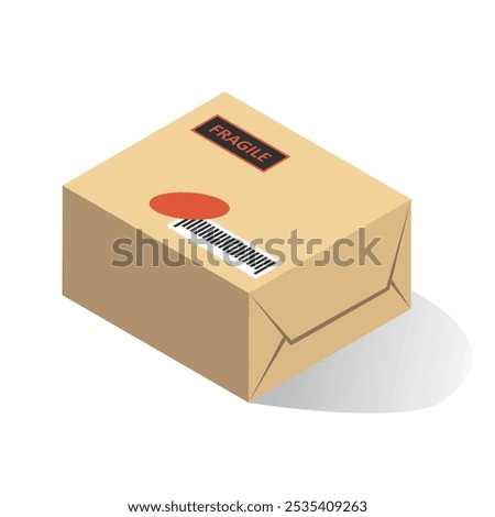 Fragile delivery post box isometric parcel paper package online shopping vector illustration. Cardbox transportation container order pack store shop shipping storage closed brown mail