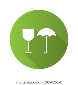 Fragile flat design long shadow glyph icon. Keep dry. Handle with care. Vector silhouette illustration