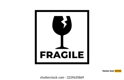 Fragile flache Symbol mit Riss und schwarzem quadratischem Rahmen einzeln auf weißem Hintergrund. Broken-Glas-Illustration Labelverpackung Symbol Vorlage Vektorgrafik