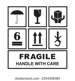 Fragile Flachsymbol mit zerbrechlichem Paketsymbol. LabelVektorgrafik