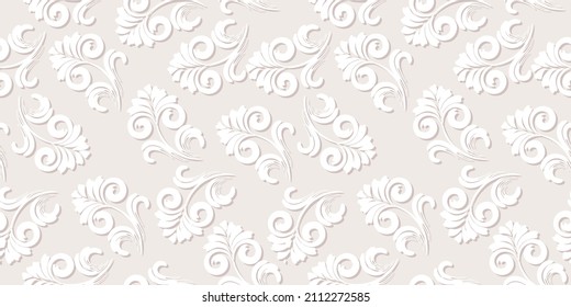 Fragile floral pattern in baroque style. Vector seamless background. White flowers elements oh light beige back