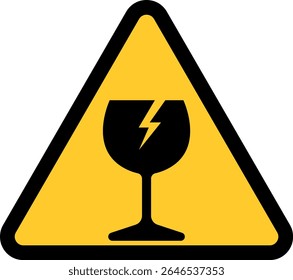 Fragile glass hazard warning sign – ISO 7010 yellow triangle with cracked wine glass icon for breakable materials and delicate packaging safety label
