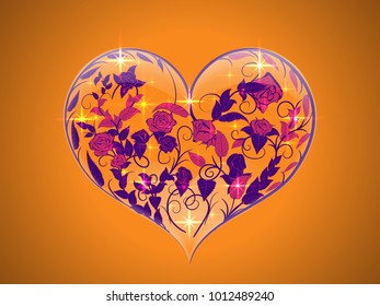 Fragile glass Valentine by orange background in the form of three-dimensional heart from branches of roses with leaves and buds ultra violet color within it For decoration greetings for Valentines day