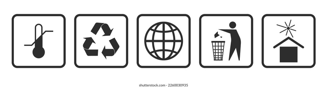 Fragile goods icons, warning signs FRAGILE MARK label, box decals, shipping mark, package mark, fragile label stamp. Packaging icons - stock vector