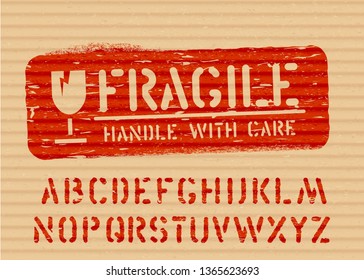 Fragile grunge vector stamp: glass icon and alphabet