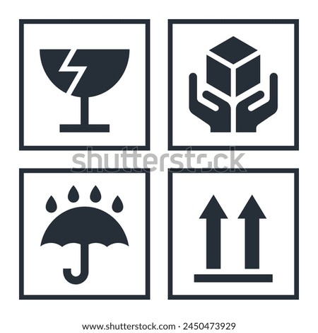 Fragile. Handle with care. Keep away from water. This side up. Packaging symbols. Vector icon set.	