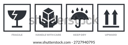 Fragile. Handle with care. Keep away from water. This side up. Packaging symbols. Vector icon set. 