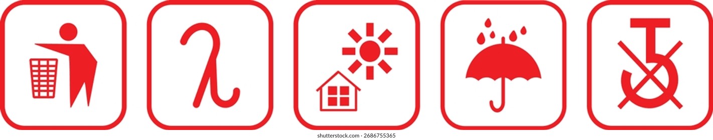 Fragile. Handle with care Packing icon set, Cardboard packaging sign labels sign, Keep away from water button, Package Warning Symbols,