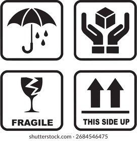 Frágil e manusear com cuidado ícones de envio conjunto vetor