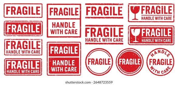 Alça frágil com conjunto de vetores carimbo cuidado. Coleção de design de carimbo frágil. Frágil pacote de selos Grunge. Selo frágil. Imagem de ilustração vetorial. Um fundo branco isolado.